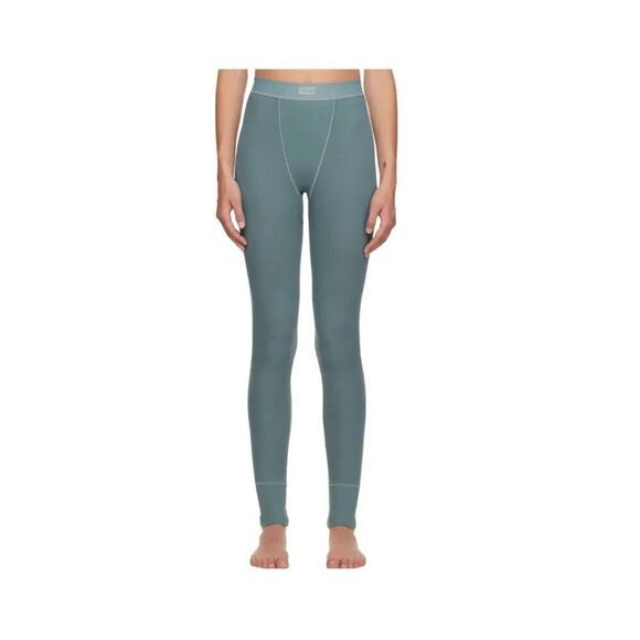 Skims Cotton Ribbed Base Layer Stretch Leggings Green L - Picture 1 of 13